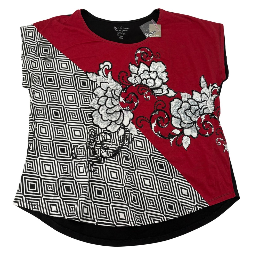 Chicos Red Black Geometric Floral Sequin Short Sleeve Top Size 3 Cotton Rayon